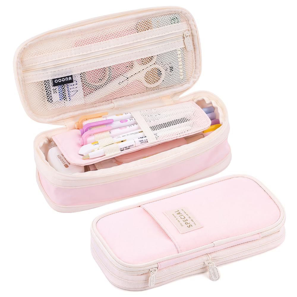 Foreverup Big Capacity Pencil Pen Case, Large Capacity Pencil Pouch with Zipper Compartments, Big Pen Pouch, Pen Cases for Teen Girl Boy Men Women, Pink