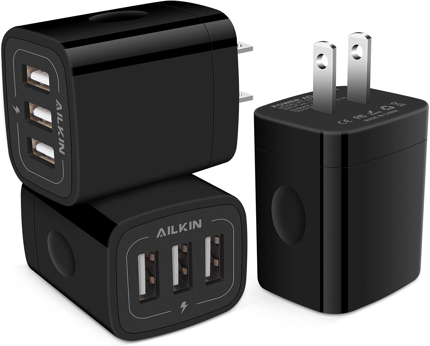AILKIN 3-Port USB Wall Charger, Fast Triple Charging Block for iPhone 17/16/15, Samsung S25/S24, Google Pixel 10/9 - 3 Pack Adapters