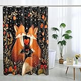 Fox Love Duschvorhang, niedliches orangefarbenes Füchse, Herzmuster, Duschvorhang für Badezimmer, Herbst, Winter, fantasievoller Waldstil, wasserdichter Stoff mit Haken, 183 x 183 cm