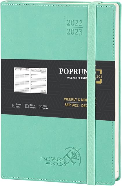 POPRUN 2023 Diary Vertical Week to View 22 x 16.5 cm, Weekly Planner 2023 A5 with appointment (Sep'22 to Dec'23), Vegan Leather Soft Cover, FSC® -certified Paper, Green