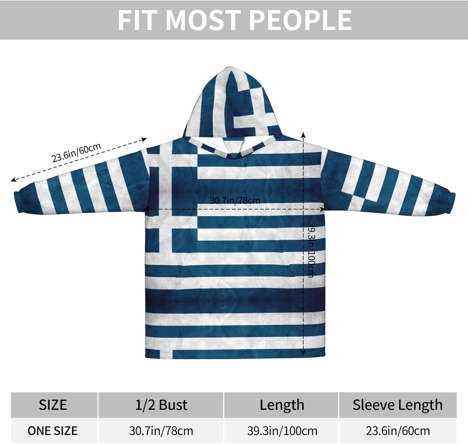 MUSM Greek Flag Print Blanket Hoodie Fleece Sweatshirt Blanket With Sleeves And Pockets