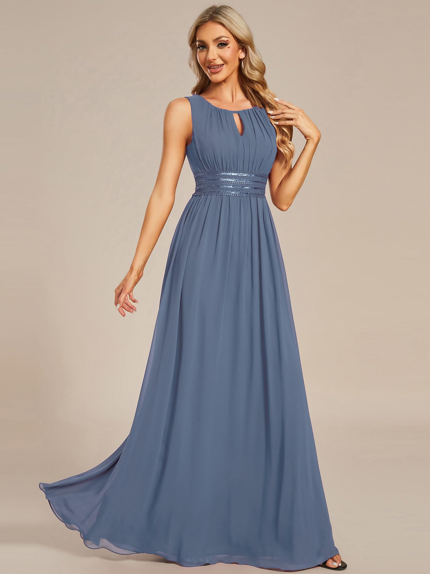 Ever-Pretty Vestido de noche, cuello redondo, sin mangas, falda acampanada, gasa para mujer, vestido de noche, elegante, ES01955