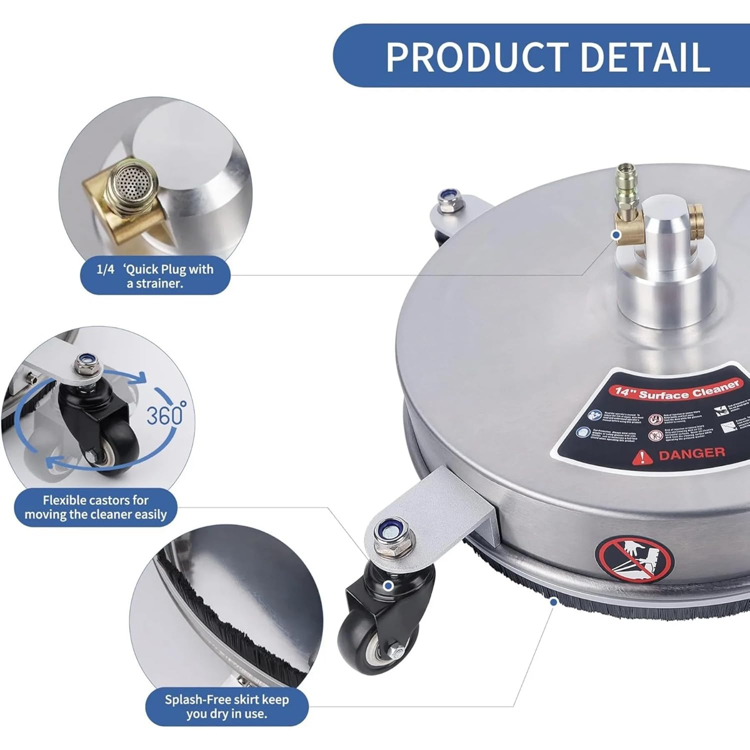 14" Idropulitrice Per Superfici,Accessorio Per Pulitore Per Superfici Idropulitrice Da 35,6 Cm In Acciaio Inox Con 4 Ruote,2 Prolunghe,Per Cemento,Patio,Terrazza,Connettore Rapido Da 1/4”,4000 Psi