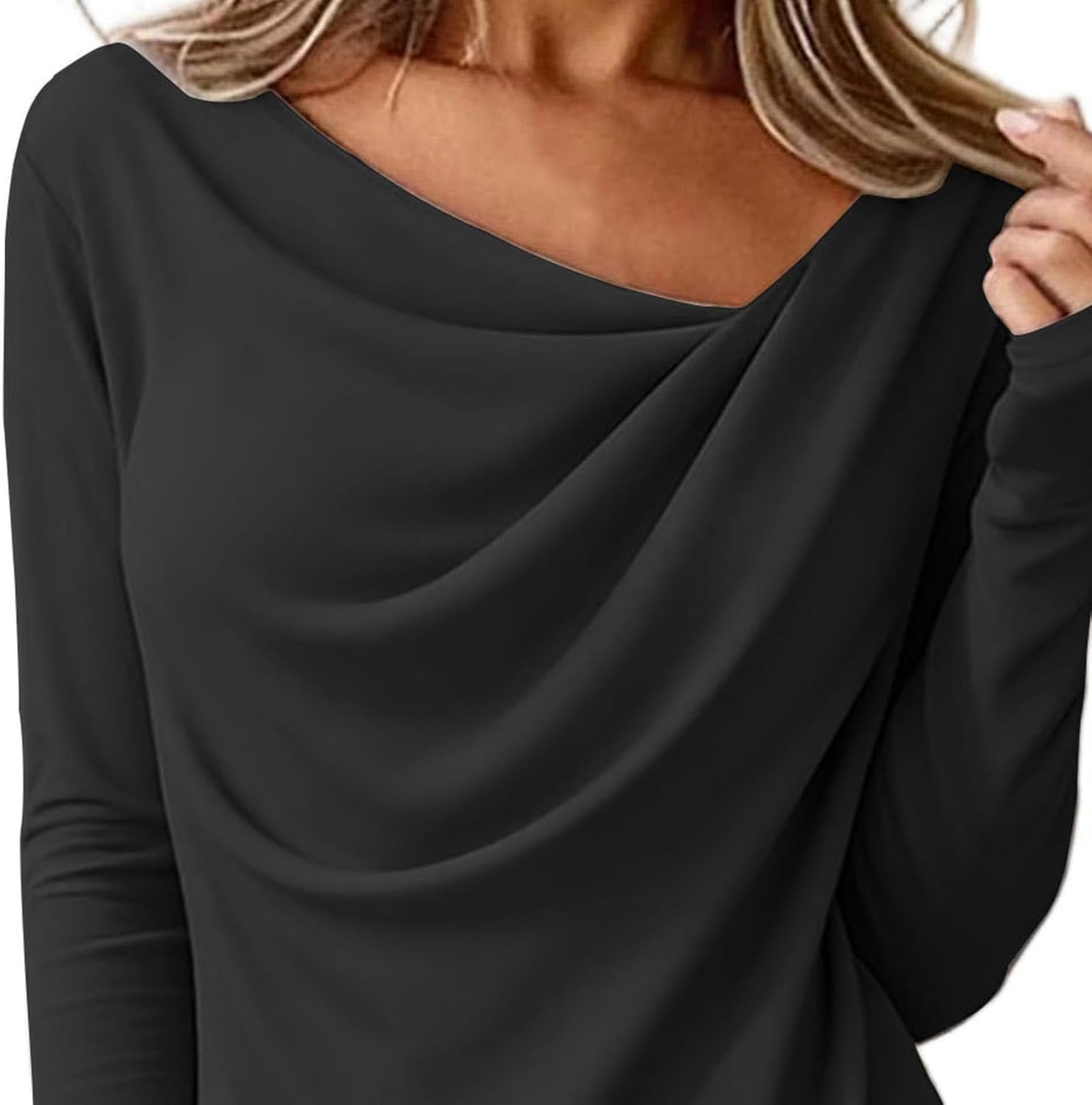 Women's Ruched Cowl Neck Long Sleeve T Shirt Draped Stretchy Going Out Blouses Asymmetrical Dressy Tshirts