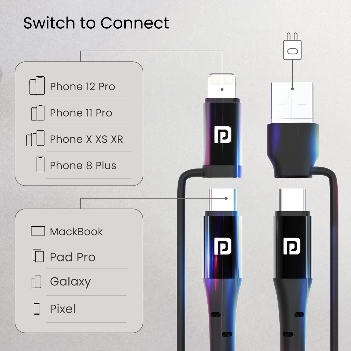 Portronics Konnect J8 3-in-1 (USB A + tipo C a 8 pin + tipo C) cavo di ricarica rapida con uscita massima 60 W, nylon intrecciato, per smartphone Android, dispositivi iOS e USB di tipo C, lunghezza