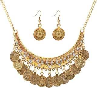 QIAN0813 Dancing Gypsy Jewelry Ethnic Coin Bib Necklace Drop Earring 2 Pcs Jewelry Set Women Exotic Bohemian Accessories