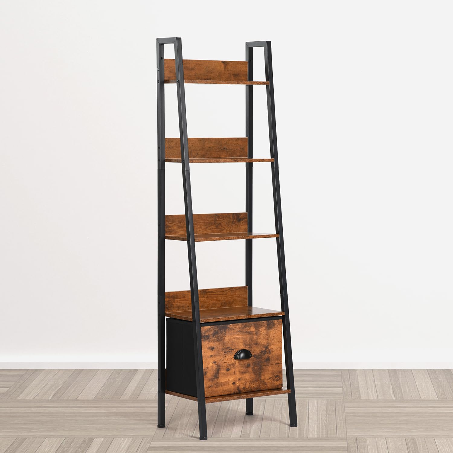 FurnitureR Chambre d'enfant Etagères, Étagères Trapézoïdales Ouvertes, Meuble de Rangement à 5 Niveaux avec Tiroirs en Non-Tissé, Étagère Autoportante pour Bureau, Bibliothèque, 42 x 29 x 141 cm