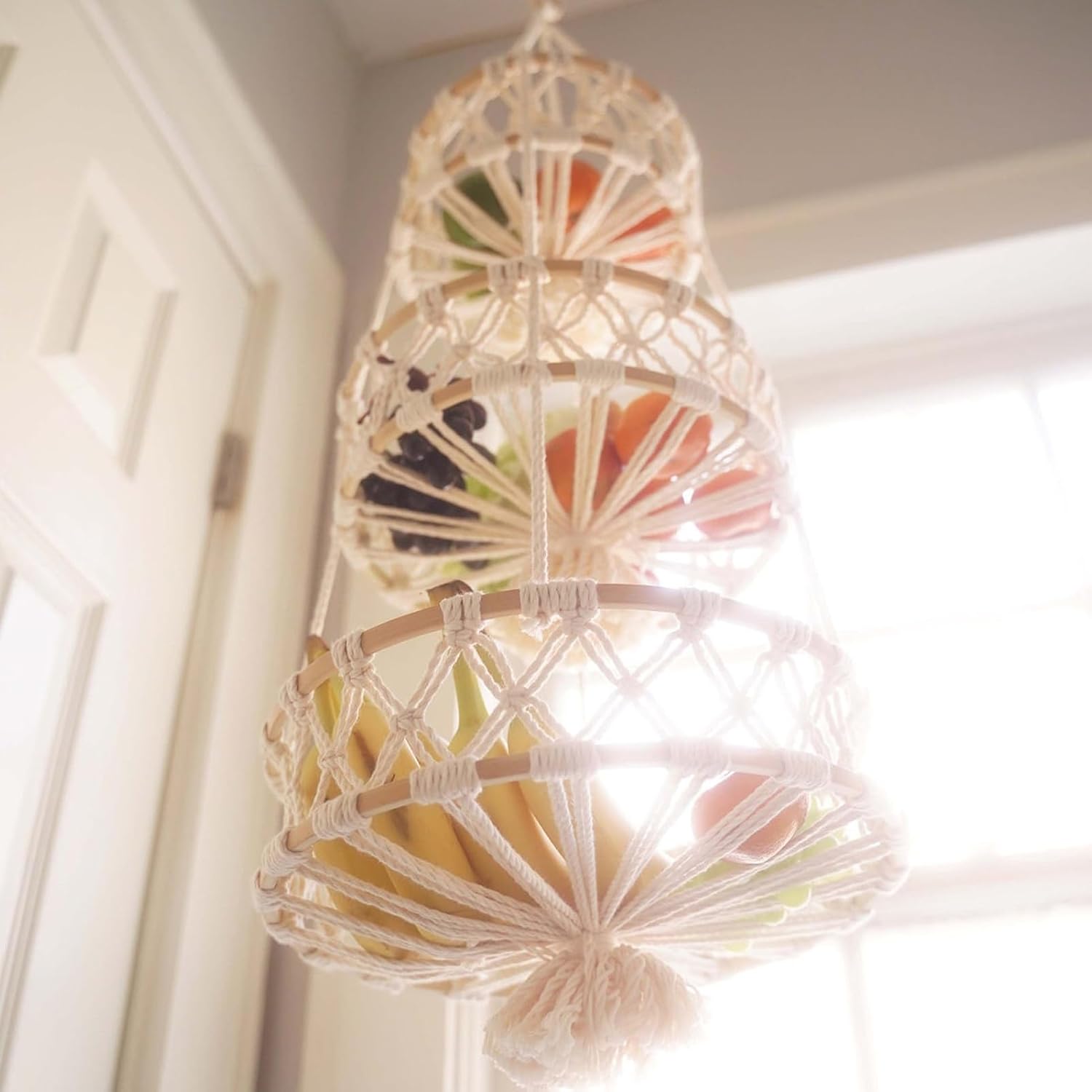 MINGZHE Macrame Fruit Basket Hanging, Fruit Hammock for Kitchen, Wall Hanging Fruit Basket, Hanging Produce Basket, Macrame Hanging Basket Kitchen Decor (third floor)