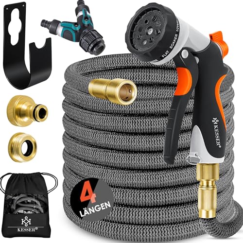 KESSER® flexibler Gartenschlauch 15 m, dehnbarer Flexischlauch, Wasserschlauch mit 3-fach Latexkern, 8 Modi Sprühpistole, Messing Anschlüsse + Wandhalterung, 1/2' & 3/4' Adapter & Tasche, Anthrazit