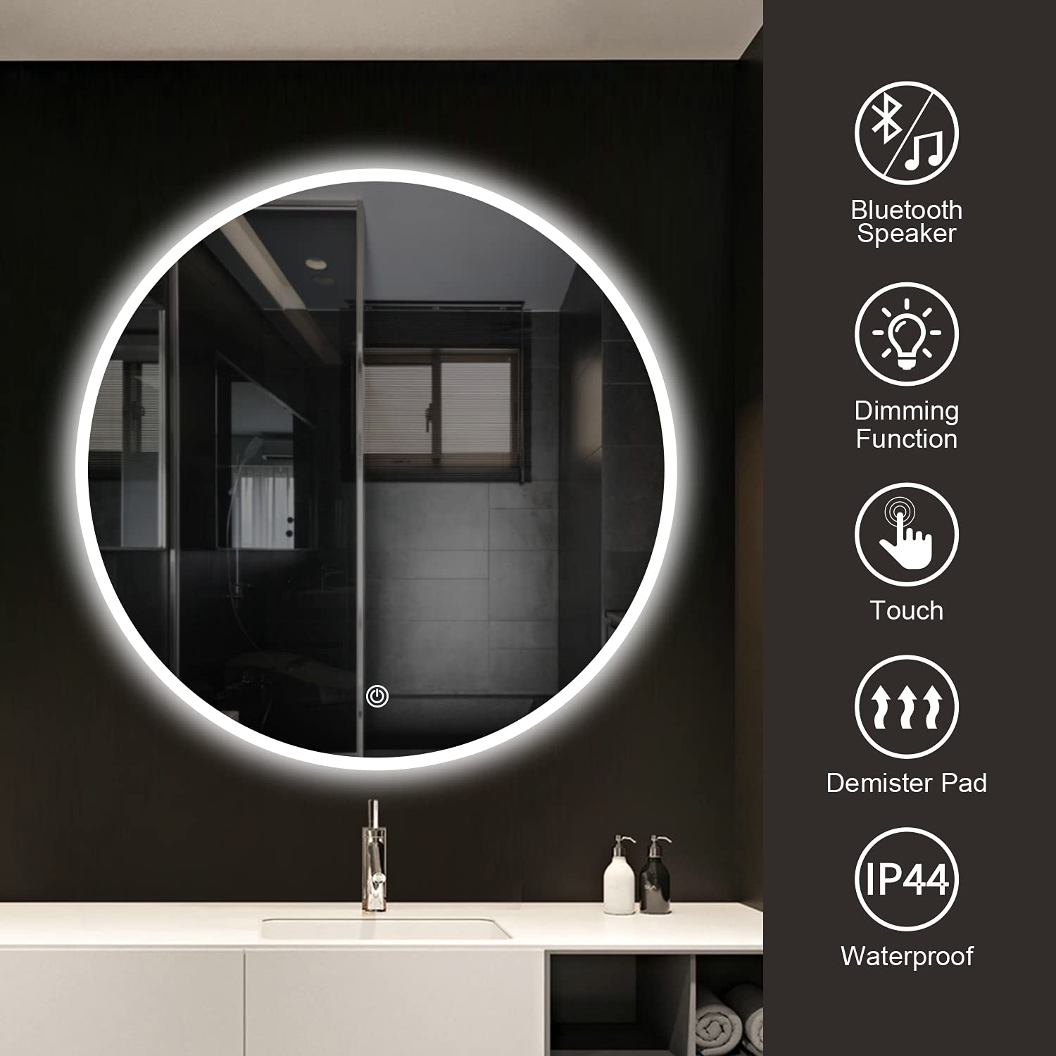 S·BAGNO Round 28" Bathroom Led Mirror with Lights 3 Color Dimmable
