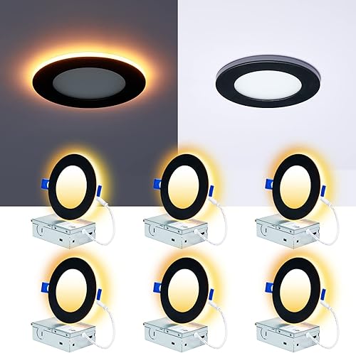 Paquete de 6 luces empotrables negras de 4 pulgadas con luz nocturna, lámpara de obleas ultrafinas sin lata, iluminación exterior de soffito,