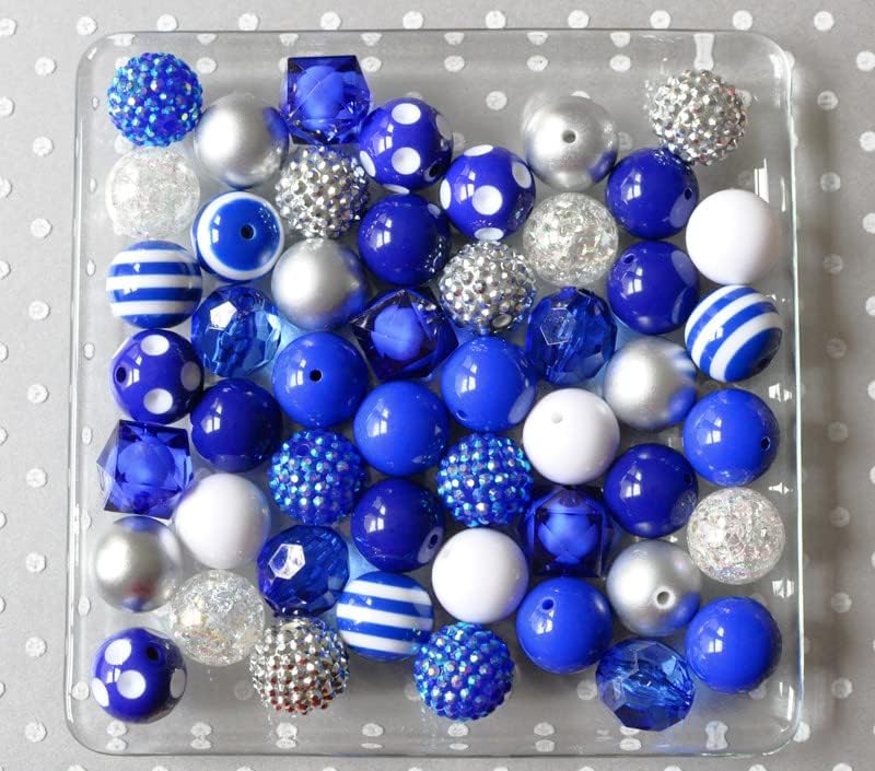 Royal Blue and White 20mm Chunky Bubblegum Beads 50 Piece Mix Jumbo Plastic Bead Set for Kids Crafts