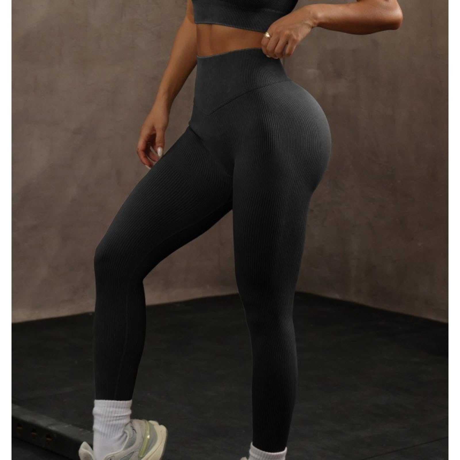 KIRYU Conjunto de ropa deportiva acanalada sin costuras de 2 piezas para mujer, camiseta corta de manga corta y leggings de cintura alta, gimnasio, yoga, entrenamiento