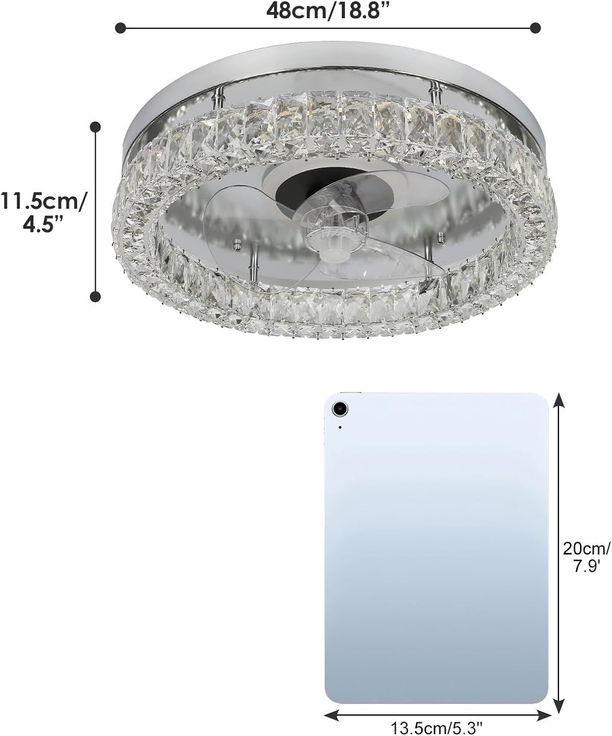 CLAIRDAI Crystal Ceiling Fans with Lights Flush Mount Ceiling Fan with Remotel Control Dimmable Fandelier Modern LED Low Profile Ceiling Fan Light (Chrome)