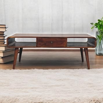 Coffee Table Avora 2-Drawer Chestnut Solid Mango Wood Mid-Century Modern with Open Storage and Nordic Tapered Legs Handcrafted for Living Room