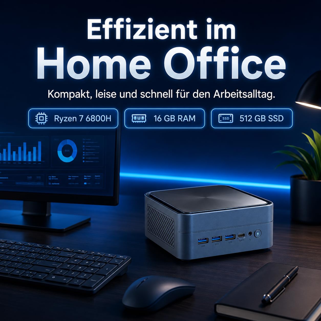 Mini PC Ryzen 7 6800H, 16GB LPDDR5 RAM, 512GB NVMe SSD für Büro und Home Office mit, Triple 4K über HDMI, DP und USB-C, Dual LAN, kompakter Mini Computer für Multimedia
