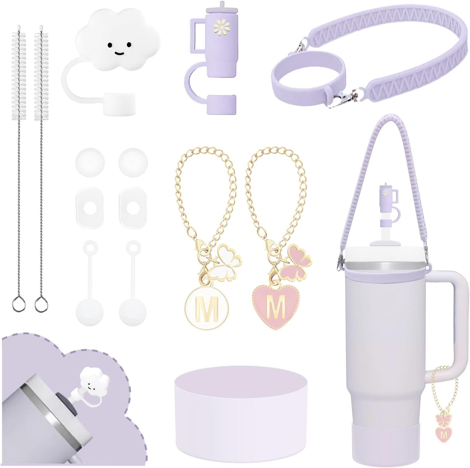 Stanley 10Pcs Accessories - 9-10mm Straw Cover Topper, Silicone Boot, Initial Letter Charm, Leak Proof Seal Kit for Stanley 2.0 30&40oz (Orchid,M)