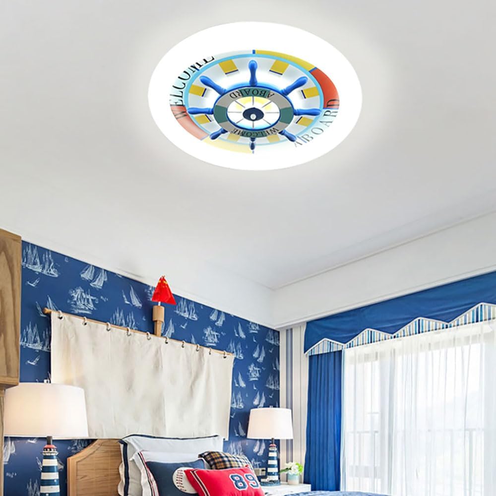 Skyblaze Nautical Style Ceiling Light Fixtures, Kids Room Ceiling Light with Rudder Wood Shade, Modern LED Round Ceiling Lamp for Kid's Bedroom Nursery (A)