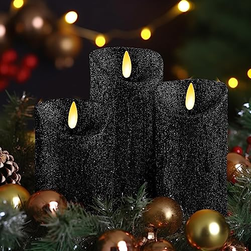 Image of CVHOMEDECO. Set of 3 Glitter Flameless Candles Flickering Battery Operated LED Candles for Home, Wedding, Halloween, Christmas Decor. Black (Black) | Flickering LED, Battery Operated, Wedding Decor, Holiday Decor