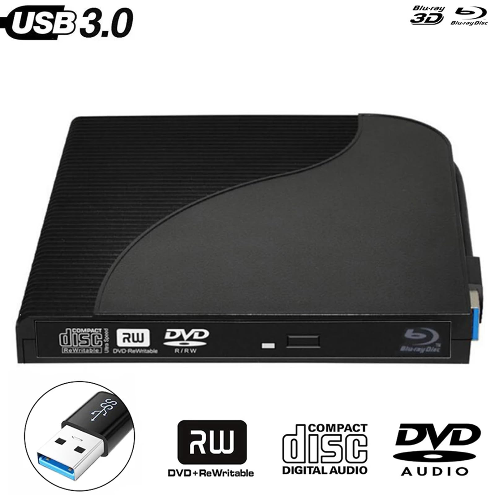 Zewnętrzny napęd Blu-ray, nagrywarka Blu-Ray Zewnętrzna nagrywarka Blu-ray USB3.0, zewnętrzny napęd CD DVD Przenośna nagrywarka Blu-ray 3D, Odpowiednia dla Windows 7/8/10, Mac OS