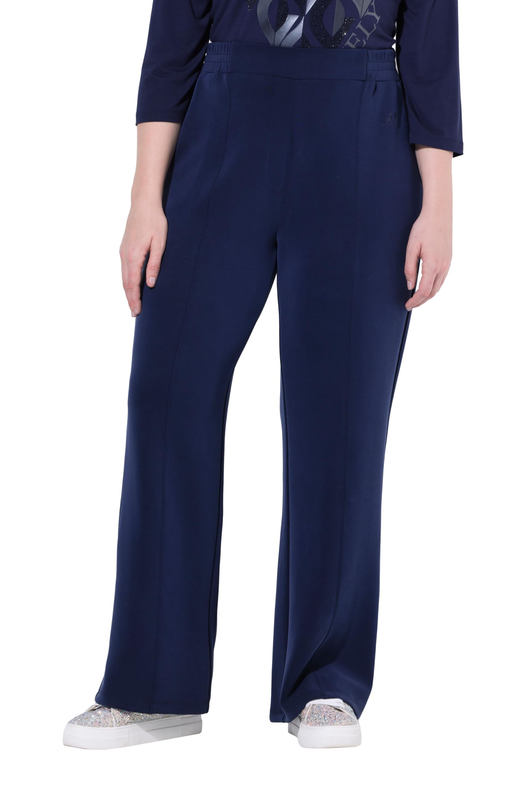 Ulla Popken Women's Jersey Trousers with Piping Casual Trousers, Navy, 32W x 32L