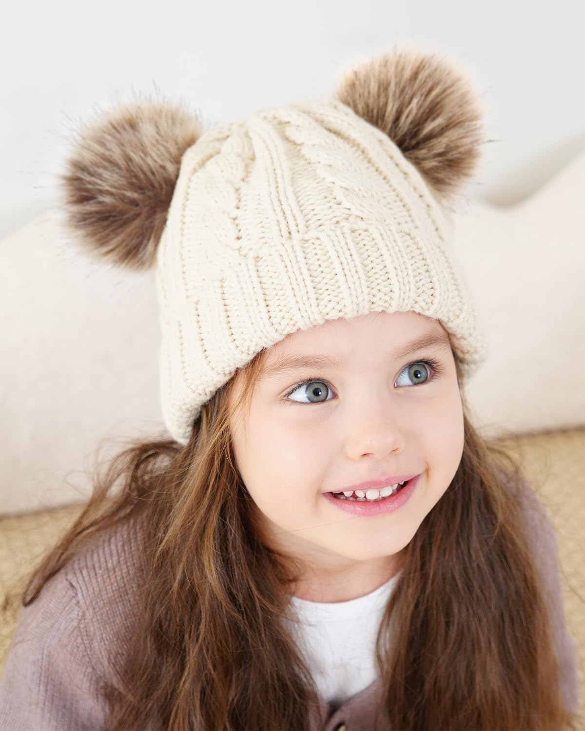 Kids Beanie Satin Lined Winter Beanie Hat for Baby Boy Girl Warm Todders Beanie with Double Pom Pom Ears 1-7 Years - Image 7