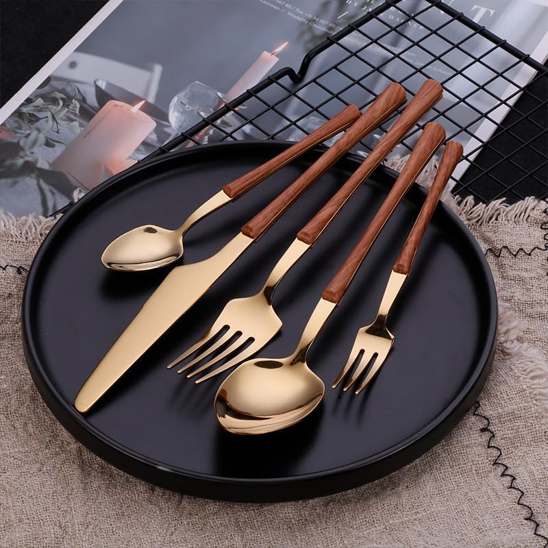 Silverware Flatware Cutlery Set, 5/20/30/40/50/60 Pcs Imitation Wood Grain Clip Handle Steak Knife Dessert Spoon Imitation Wood Handle Stainless Steel Knife Fork Spoon(Gold,50 Pieces for 10)