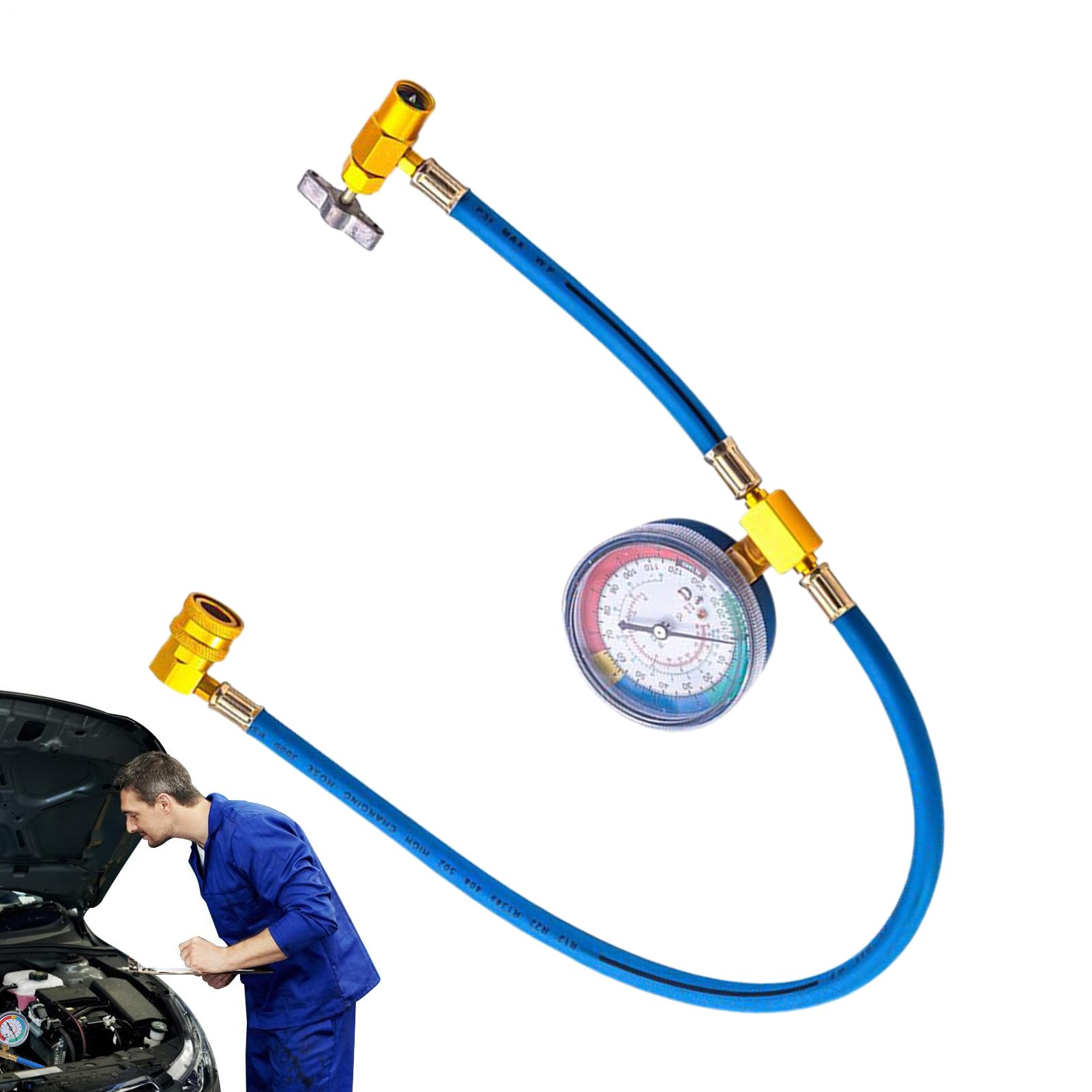Tubo di ricarica CA con manometro, tubo refrigerante AC, con manometro, tubo refrigerante anti-riflusso, per rilevamento perdite, riparazione auto, HVAC commerciale frigorifero