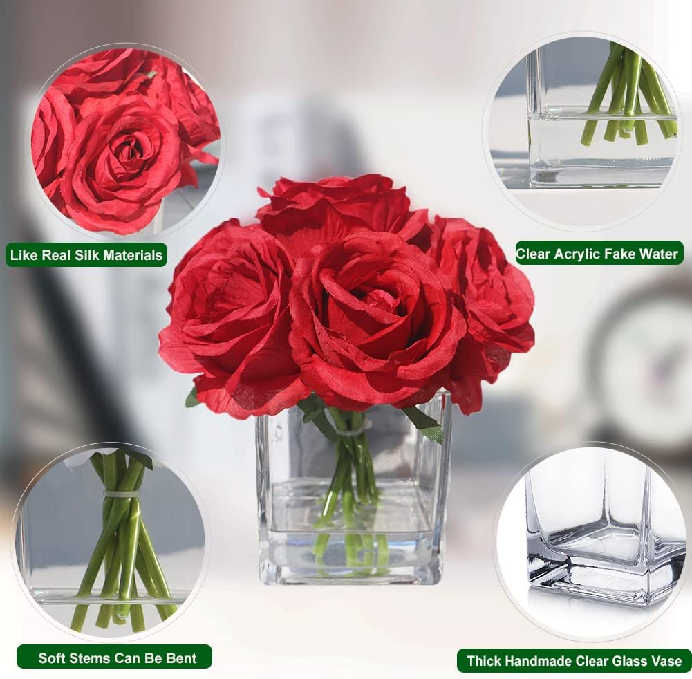 Red Roses Silk Flowers in Vase with Fake Water, Artificial Rose with Vase for Home Decor Indoor, Wedding Table (Red)