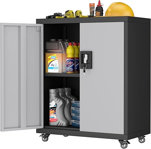 Miniatura 8 de LUCYPAL Armario de almacenamiento de metal con 2 puertas de bloqueo y 2 estantes ajustables, gabinete de almacenamiento con cerradura de acero para