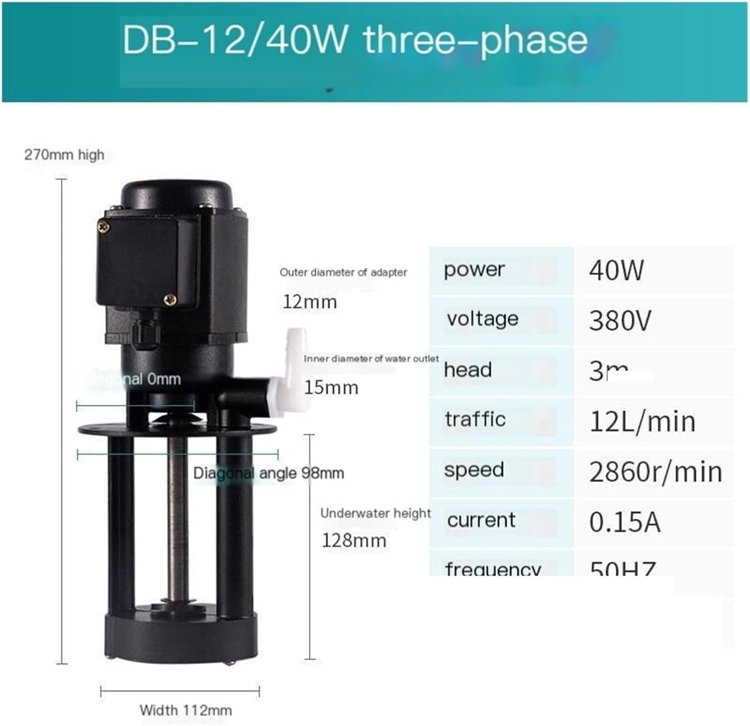 DB-12A 40W 380V Three Phase Lathe Coolant Pump, Immersion Machine Tool Cooling Pump for Mini CNC Milling Grinder