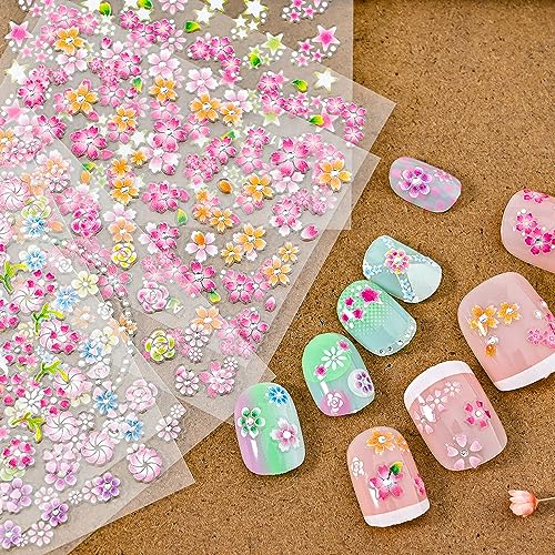 24 Sheets Pink Flower Nail Art Stickers, Self-Adhesive Nail Decals