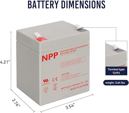 Miniatura 4 de NPP Batería AGM recargable de 12 V, 5 Ah, F2, 6-FM-5 de 12 voltios, 2 piezas, batería de repuesto para sistema de seguridad de alarma del hogar,