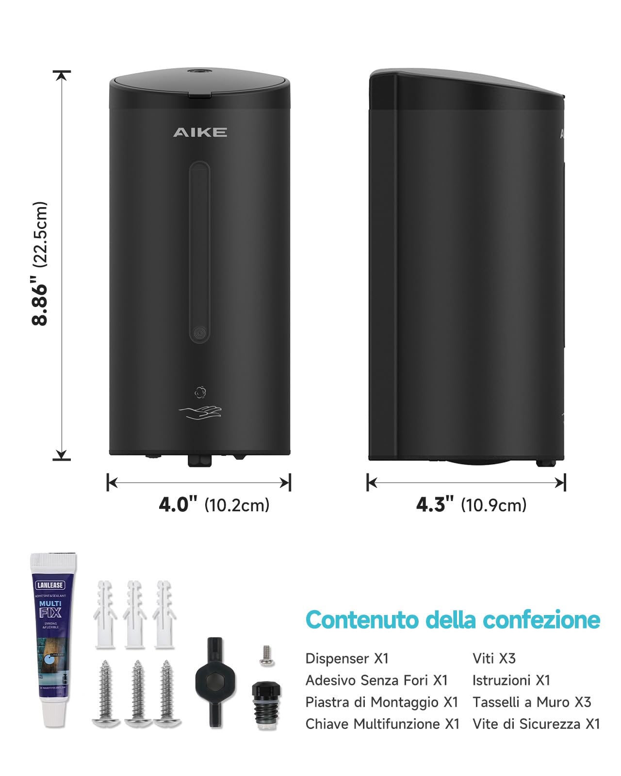 AIKE FoamCore Dispenser Sapone Schiuma Automatico, a Parete per Uso Commerciale, 750ML Acciaio Inossidabile per Sapone Mani Schiumogeno (Acciaio inox nero)