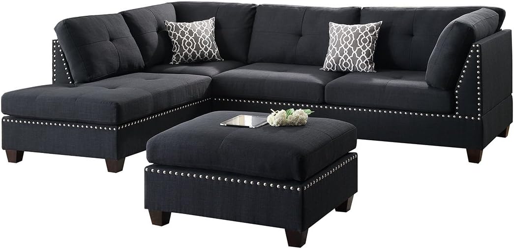 Bobkona Viola Linen-Like Polyfabric Left or Right Hand Chaise Sectional Set with Ottoman (Pack of 3), Black