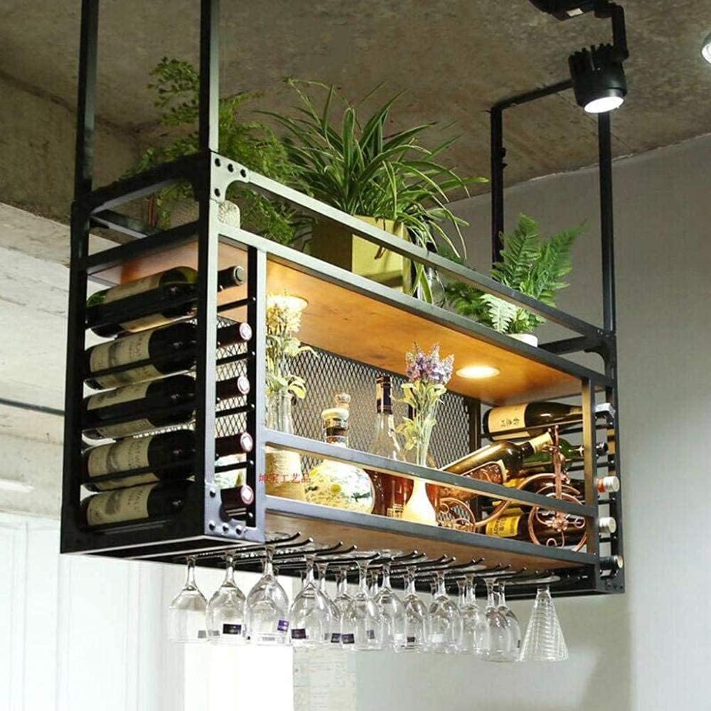 Hanging Wine Rack with Glass Holder Ceiling Mounted Wooden & Metal Shelf for Kitchen Bar & Under-Cabinet Storage - Black 80×30×55cm