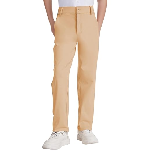 Dreammonkey Calça de golfe infantil a juvenil, calça social elástica de secagem rápida | Calças de uniforme escolar com frente plana