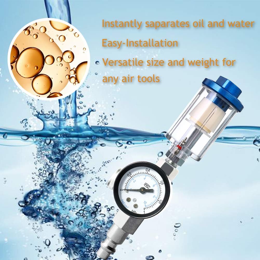 Quickun Water Oil Separator Filter, 1/4" NPT Inlet and Outlet Air Compressor Fitting with Pressure Regulator for Spray Gun Fitting