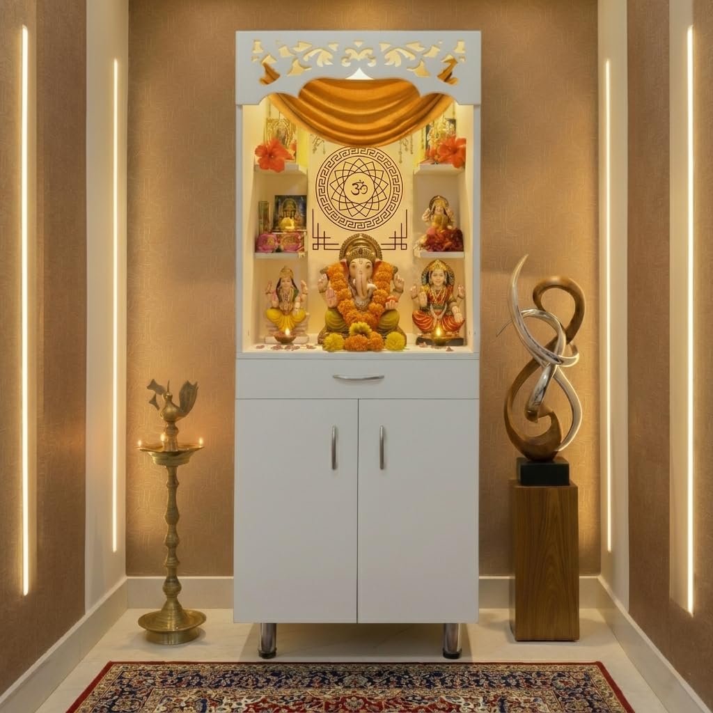 Alpine Willow 5.7 Ft X 2 Ft Wooden Temple (DIY Assembly-Do it Yourself) I Mandir for Home I Pooja ghar I Corian Design devghar I Big Size Temple for Home I Pooja Mandir Unit I Devghar with LED Light