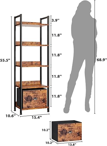 Miniatura 3 de Furologee Estantería de 5 niveles y mesita de noche con cajones de tela, estantería alta y estrecha con estantes, mesa auxiliar con estación de