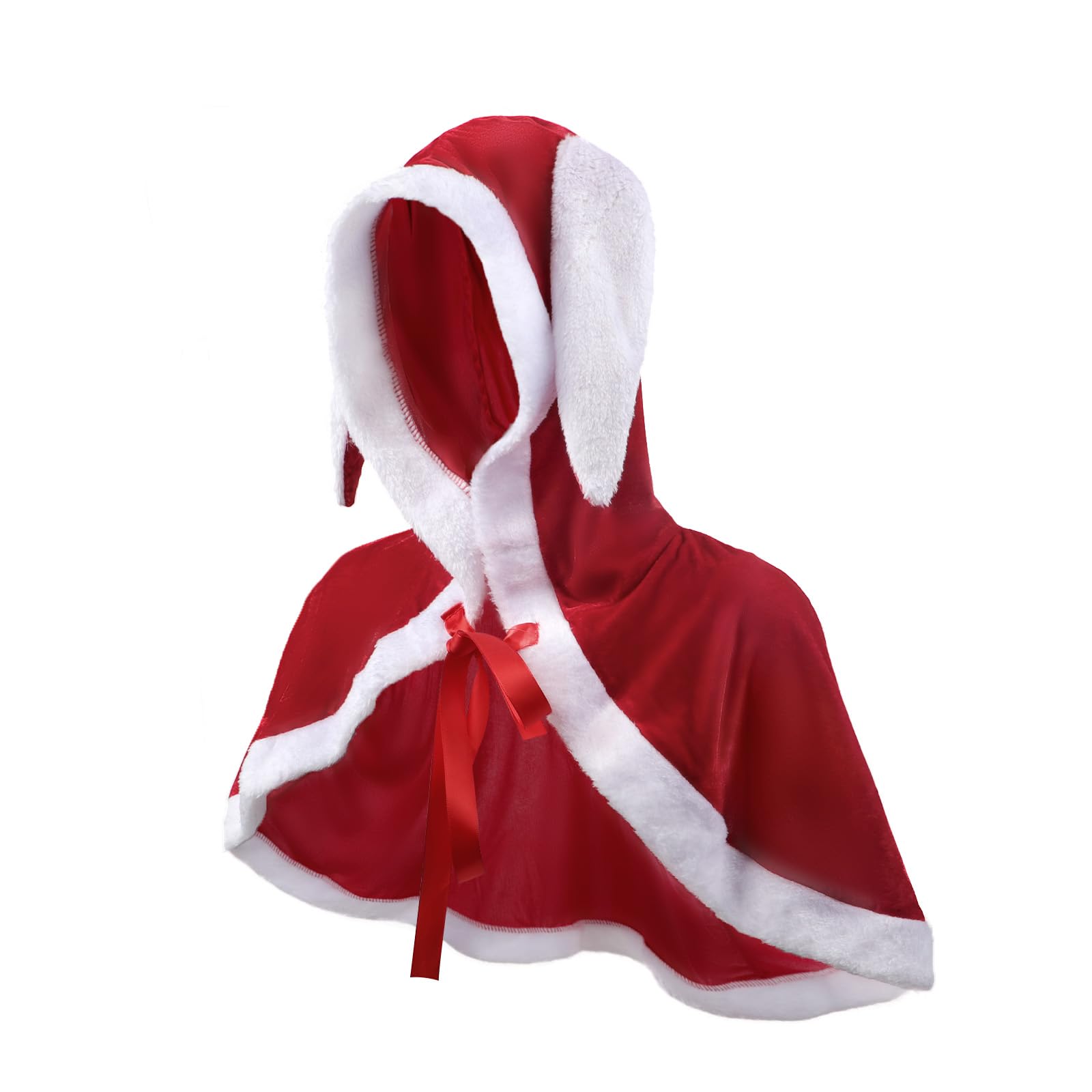 RUIXIA Velvet Christmas Cloak for Women Ganta Elf Fairy Cosplay Costume Cape with Rabbit Ears Hood Xmas Short Red Shawl Witch Wizard Festival Role Play Party Cloak Winter Outfit Outwear - Image 3
