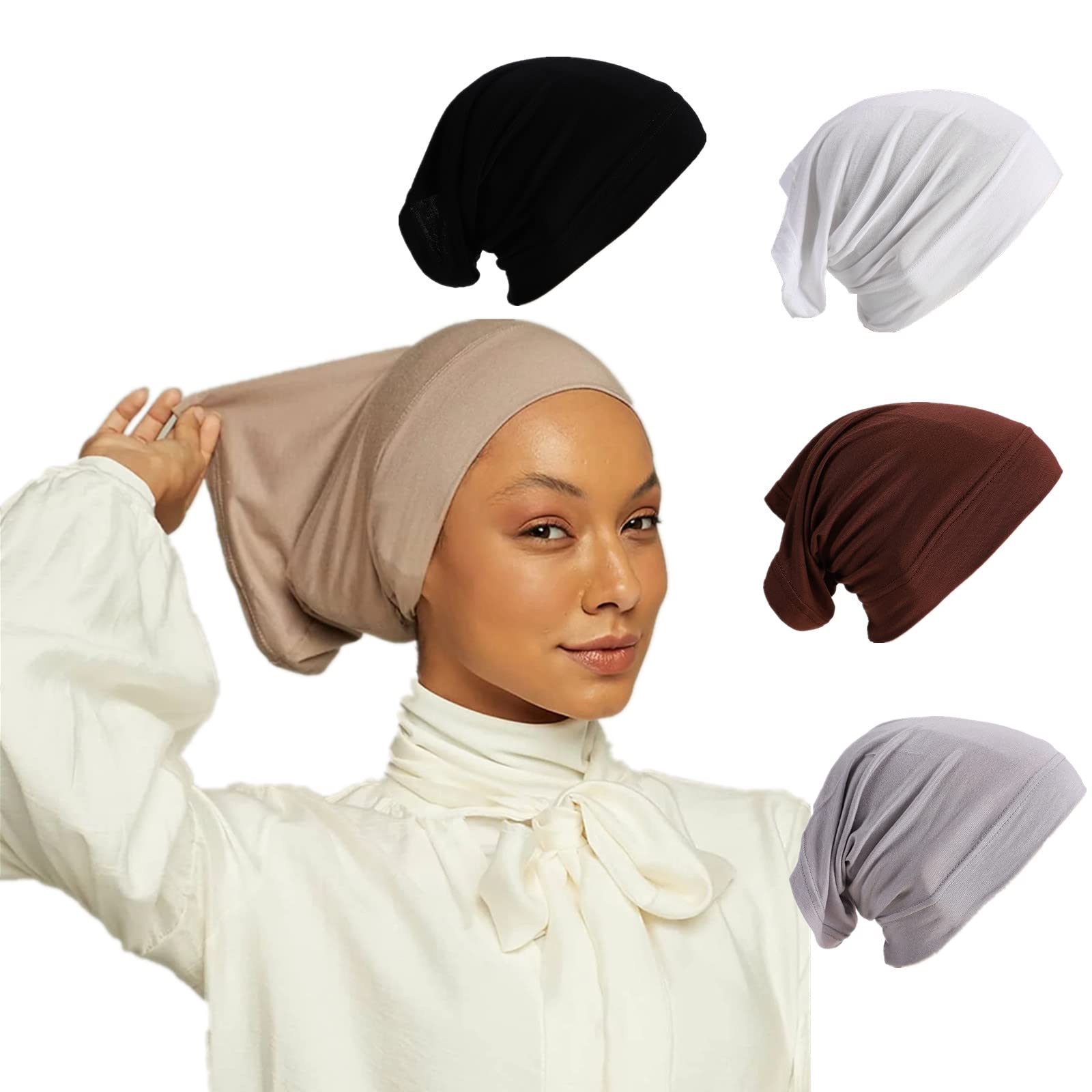 4 Pieces Stretchy Soft Modal Jersey Muslim Turban Hat Inner Hijab Scarf Caps Tube Underscarf Bonnet Headwrap Islam