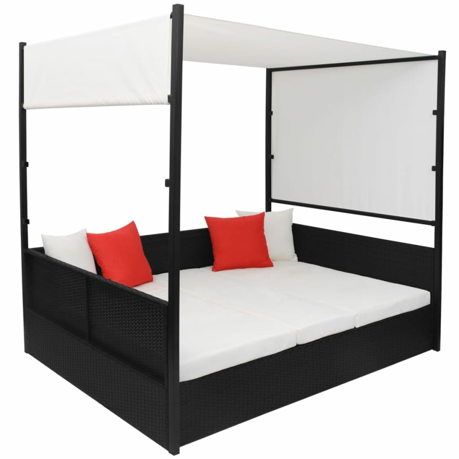 Gecheer Lit de Repos en rotin Double avec baldaquin réglable, imperméable, pour Jardin ou Patio - Couleur Noir, Coussins Blanc cassé