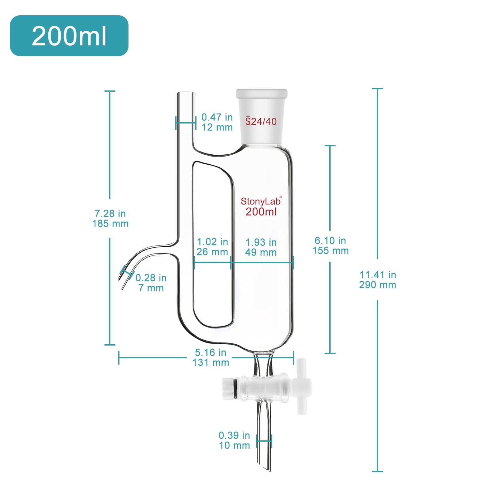 stonylab Séparateur de Réservoir d'huile à Eau avec Joint 24/40, Water Oil Receiver Separator pour Alimentation de Laboratoire, 200ml