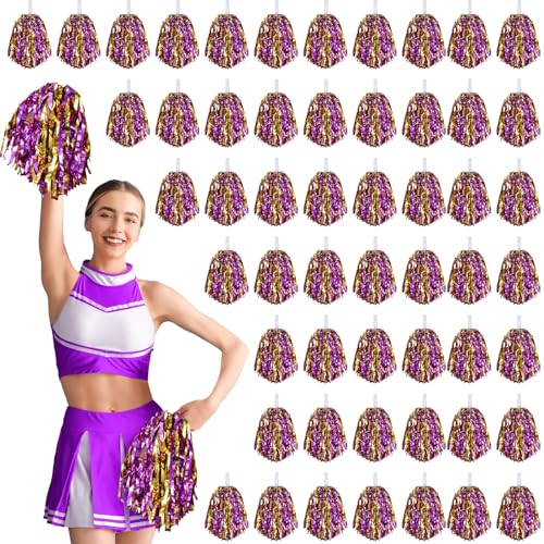 Halloscume 60 Pcs Cheerleading Pom Poms Metallic Foil Bulk, Purple, Gold