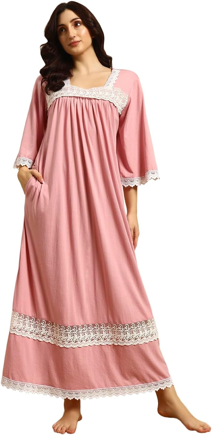 Womens Sleepwear & Loungewear Nightgowns Soft Breathable Nighty 3/4 Sleeve Nighty with Lace Neck Nightdress