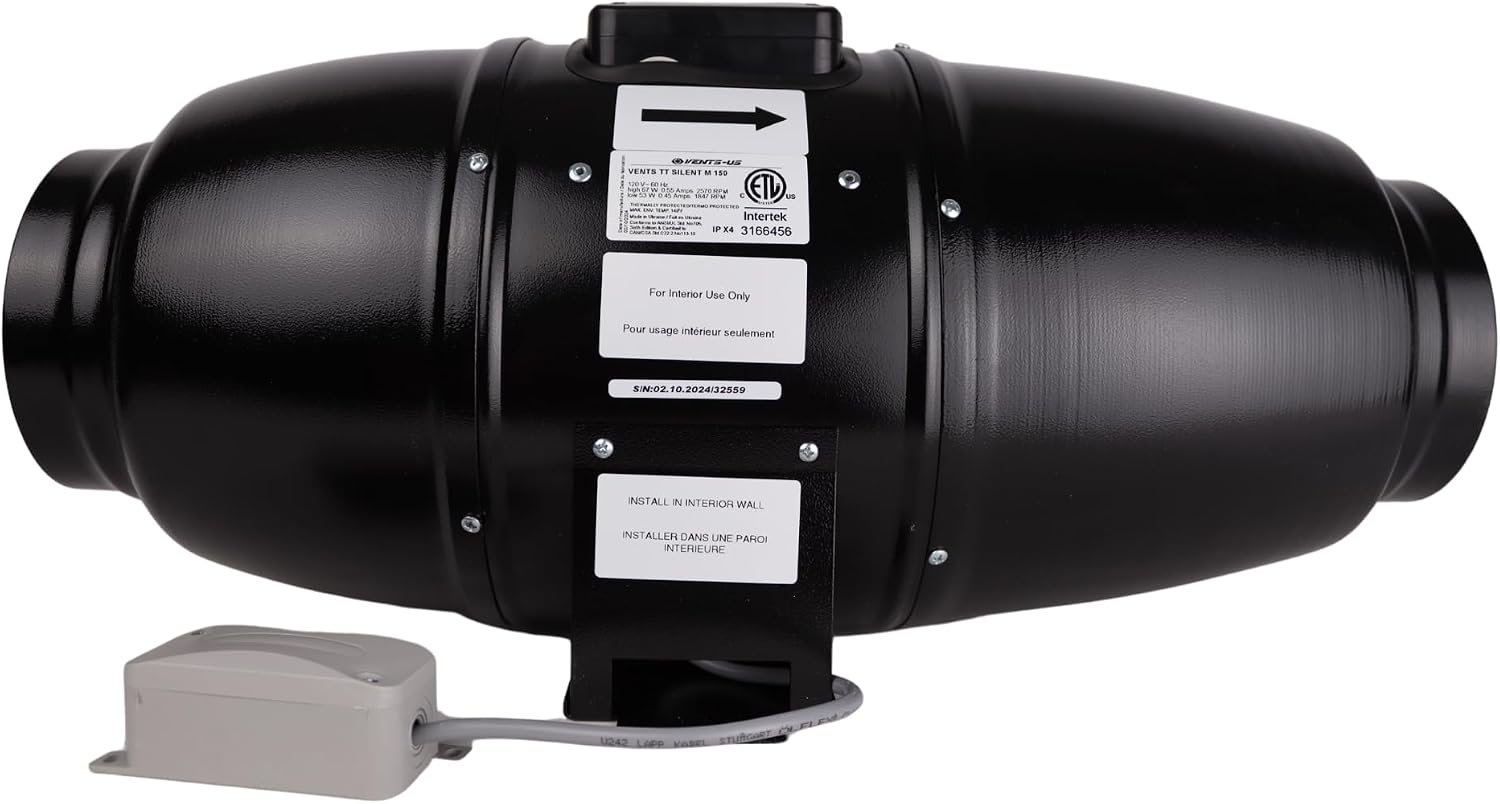 VENTS-US TT Silent M 150-6" Inline Mixed Flow 6” Duct Fan Includes Double-speed capacitor motor with Thermal Overload Protection – UV Resistant, Quiet Operation, Up to 327 CFM