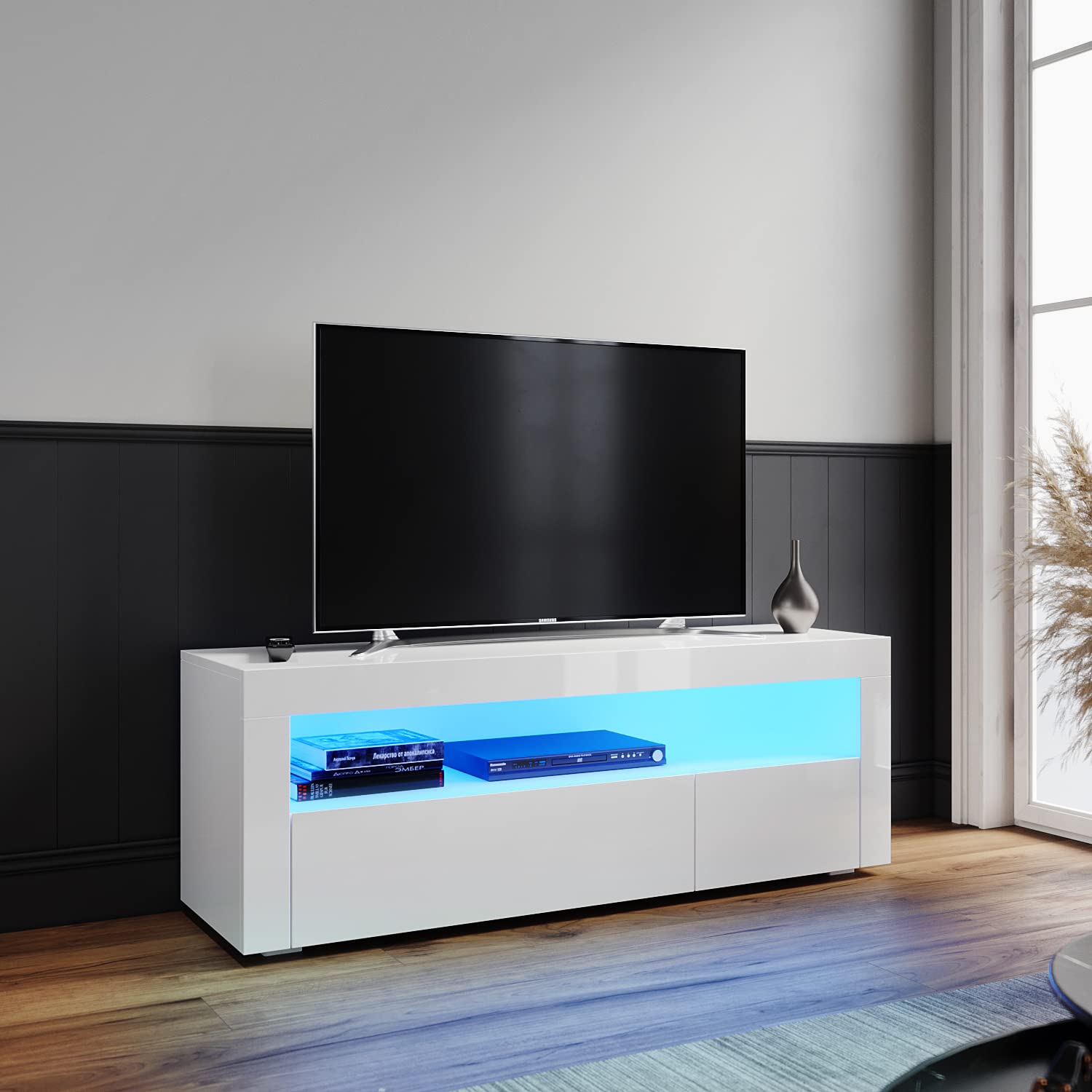 ELEGANT 1200mm Modern White Gloss TV Stand with LED Lights and Storage - Ambient Cabinet for 32-50 inch 4K TVs