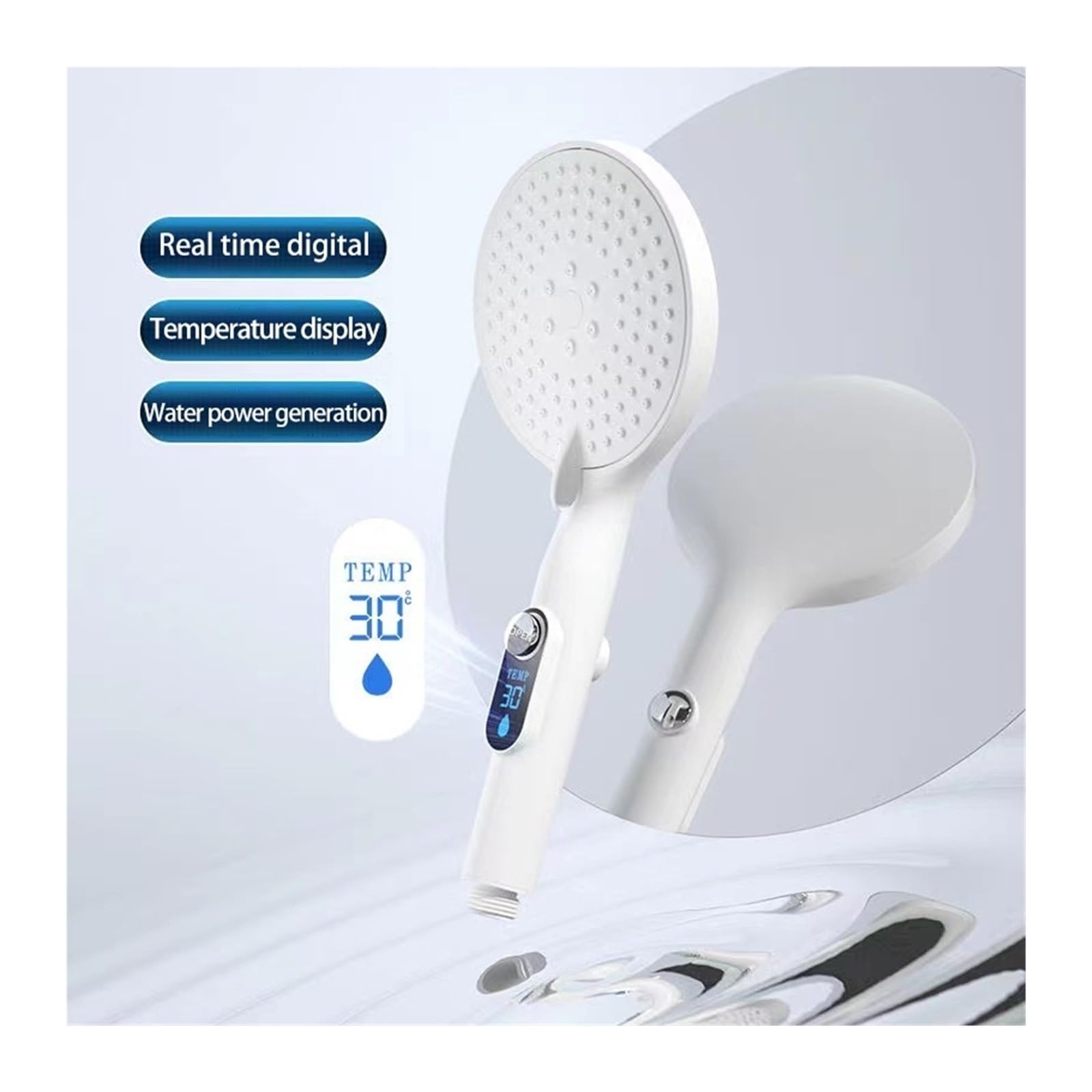 LED-Handbrause mit digitaler Temperaturanzeige, 3 einstellbare Geschwindigkeiten, wasserbetrieben, keine Batterie (G)