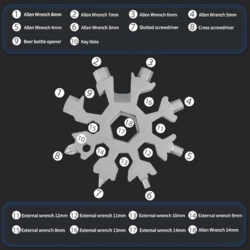 Miniatura 4 de Multiherramienta de copo de nieve 18 en 1 para hombre, de acero inoxidable, multiherramienta para relleno de calcetines para padre, marido, novio,